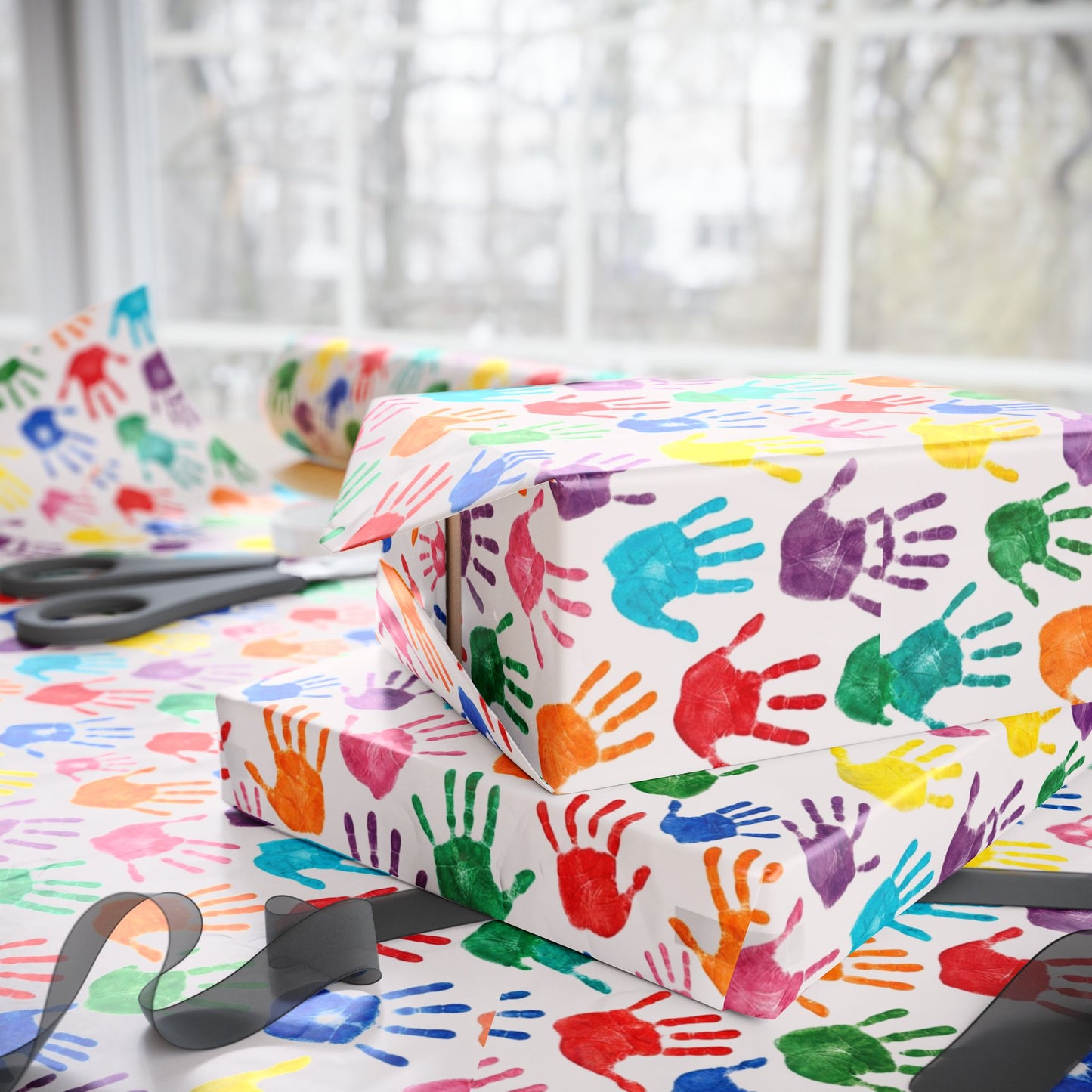 Handprint Pattern Wrapping Paper — Colorful Kids’ Gift Wrap Roll (Autism Awareness)