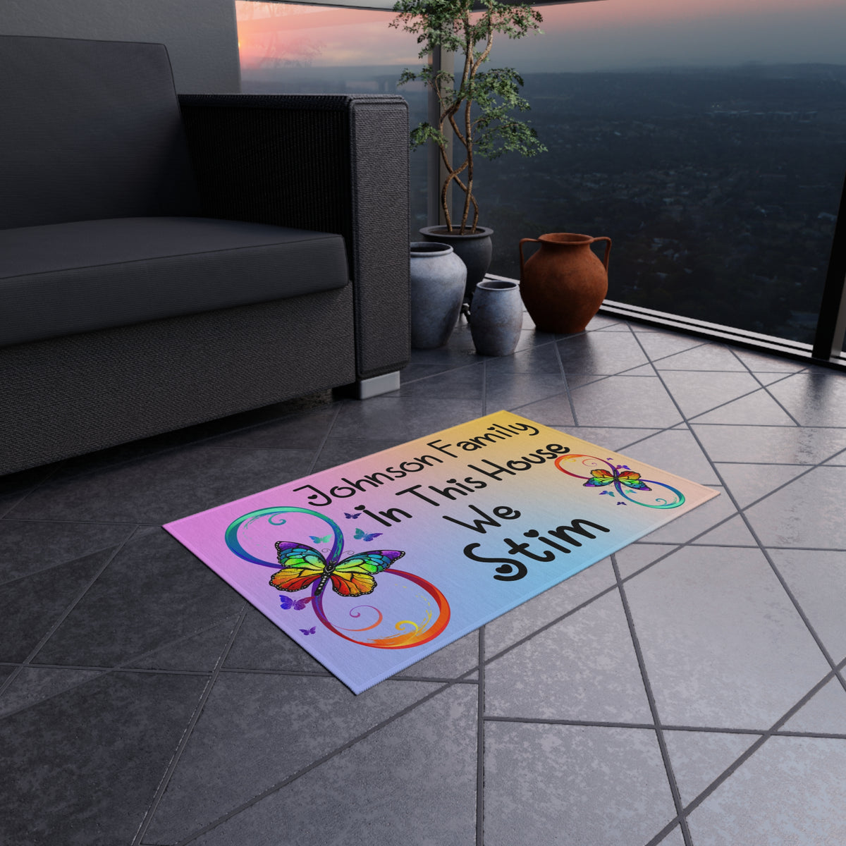 Personalized Outdoor Rug — In This House We Stim” Colorful Butterfly Welcome Mat