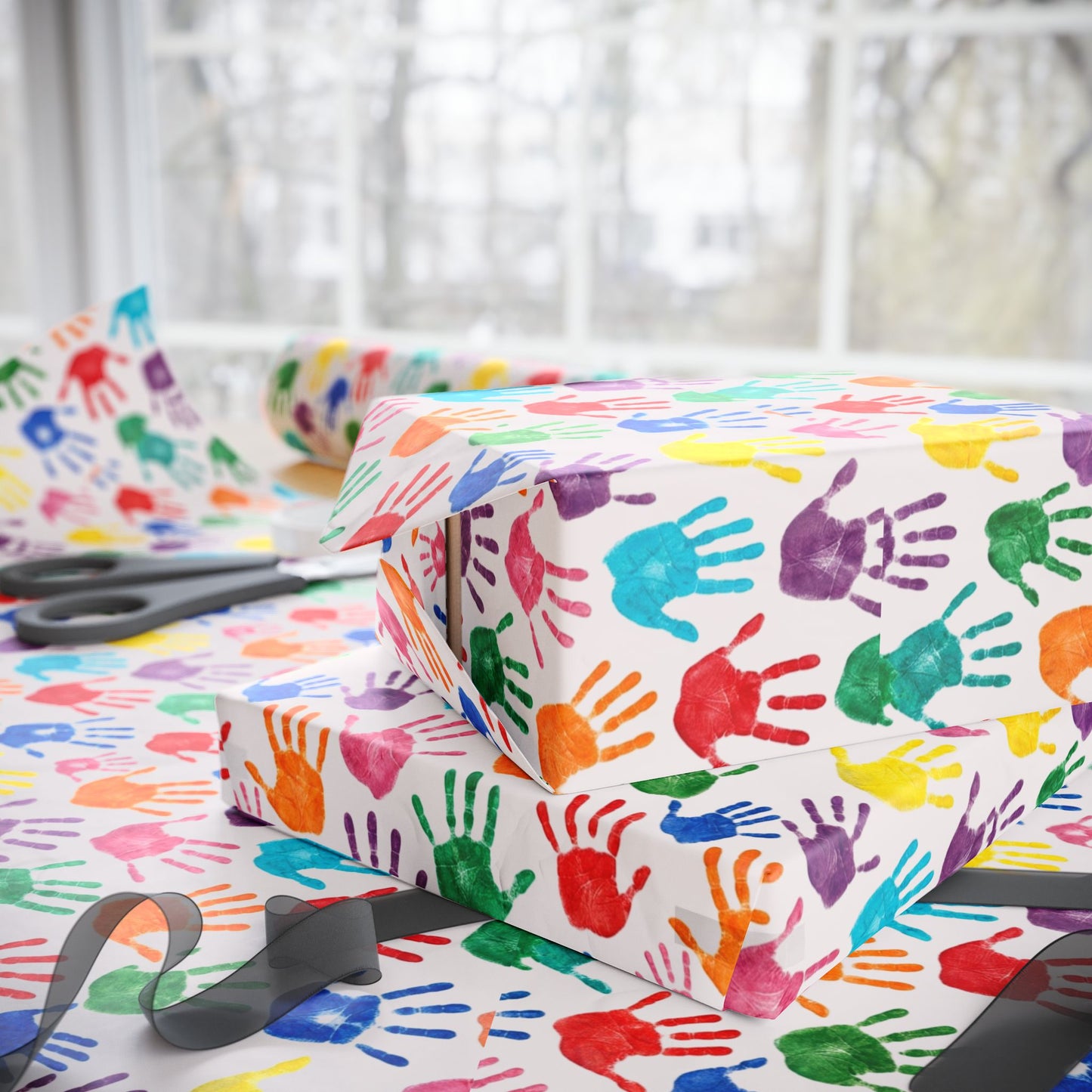 Handprint Pattern Wrapping Paper — Colorful Kids’ Gift Wrap Roll (Autism Awareness)