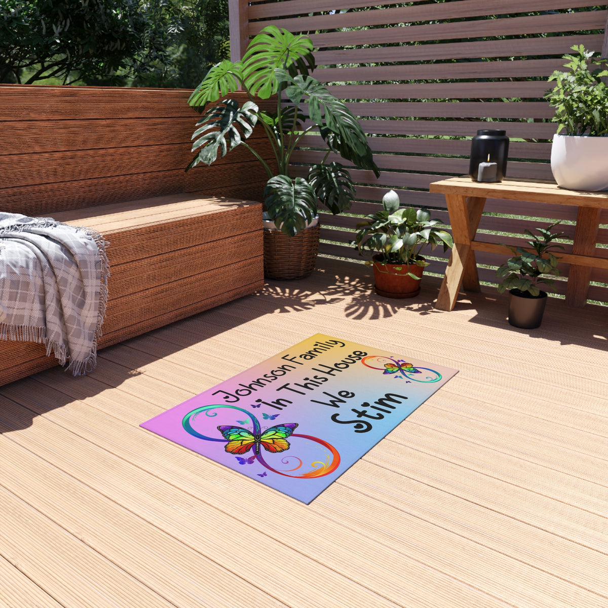 Personalized Outdoor Rug —  In This House We Stim” Colorful Butterfly Welcome Mat